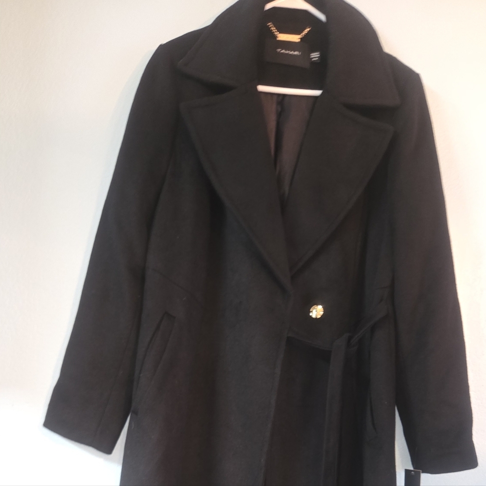 Tahari Elegant Black Trench Coat Size Medium Full length